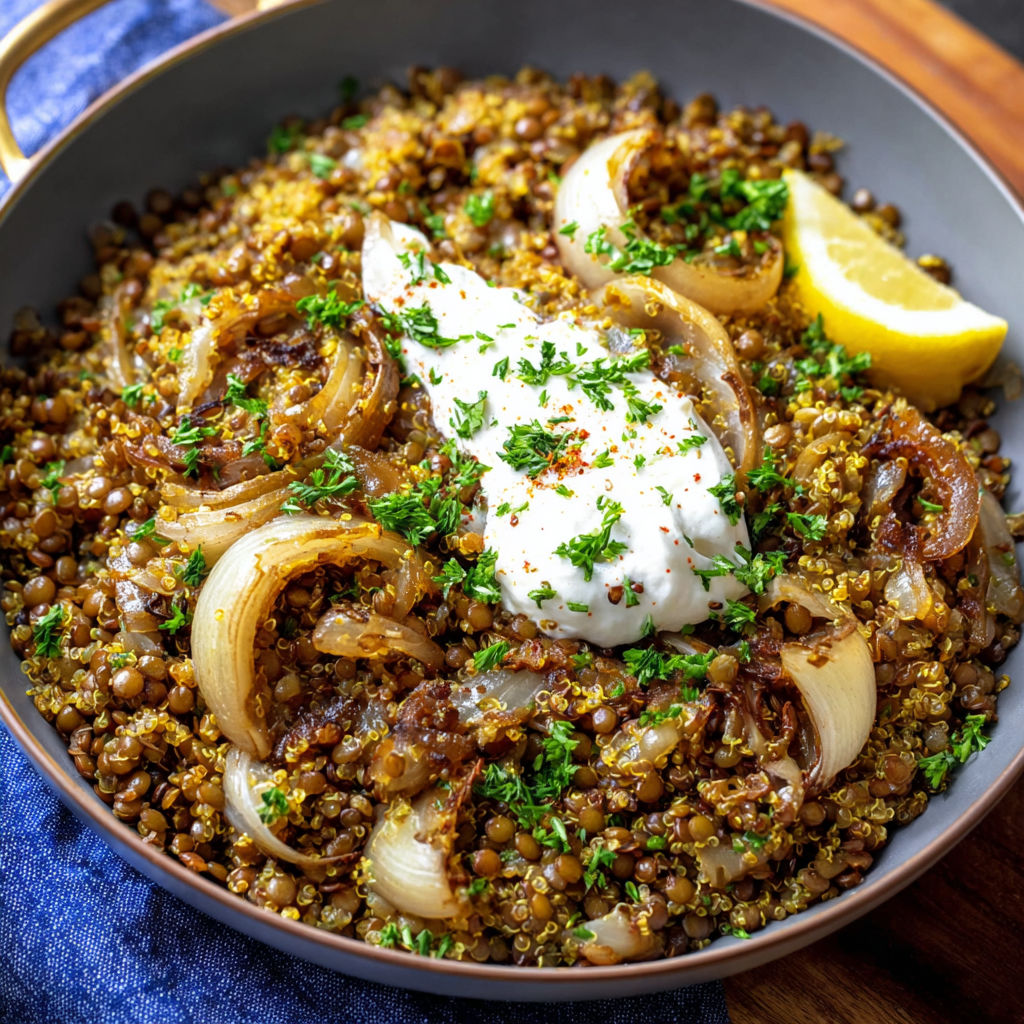 A delicious Mediterranean Lentils and Quinoa Skillet with Caramelized Onions is served in a bowl.