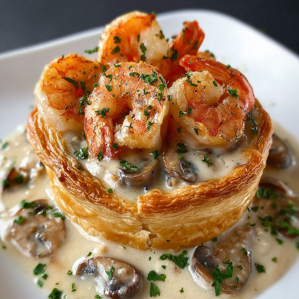 A delicious Shrimp & Mushroom Vol au Vent in Creamy Garlic Sauce is presented on a plate.
