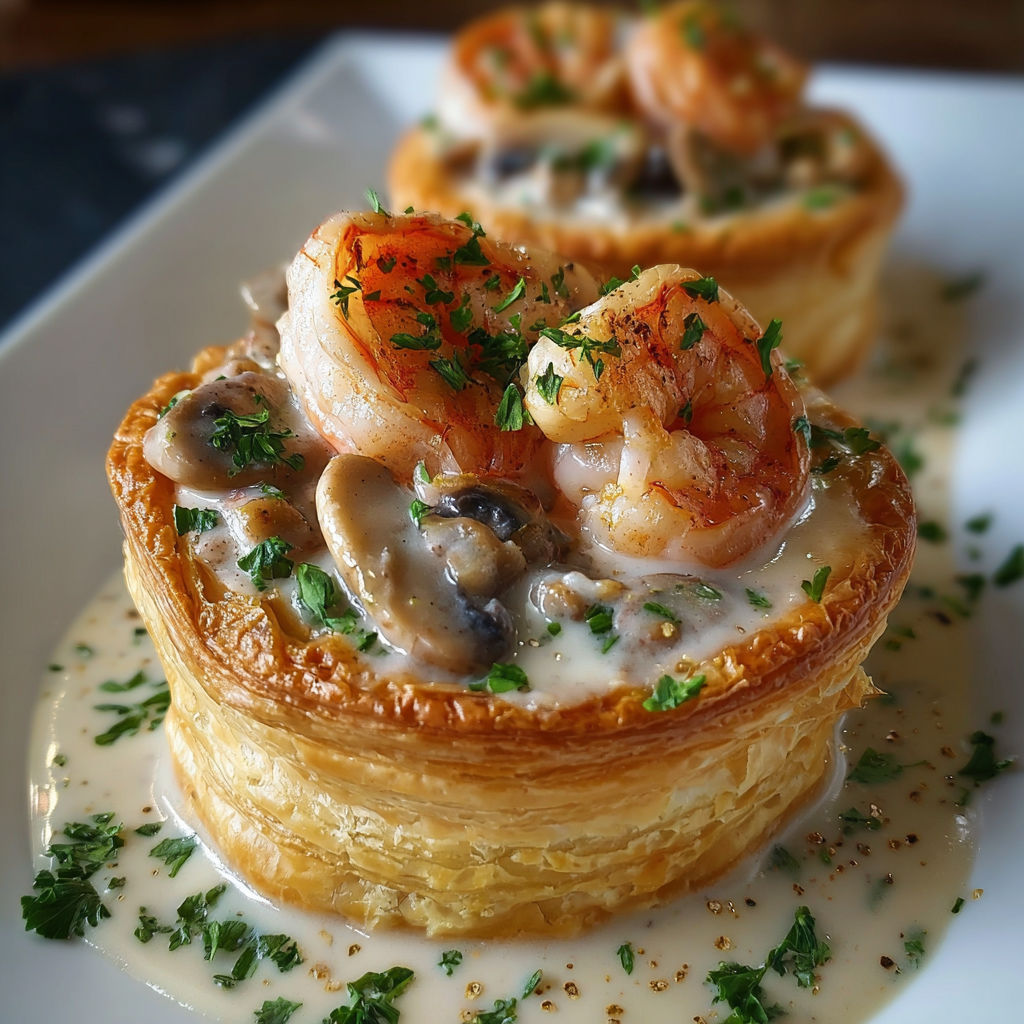 A delicious seafood dish with shrimp and mushrooms, served in a flaky pastry shell.