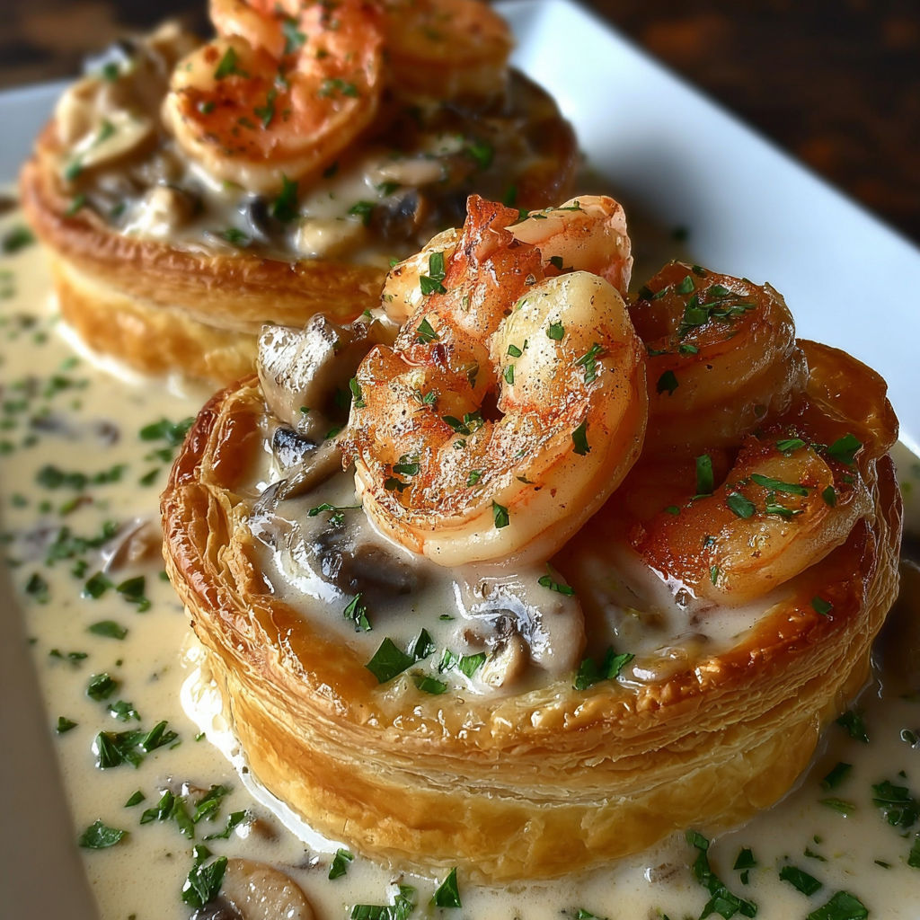 A plate of food with two pastries topped with shrimp and mushrooms.