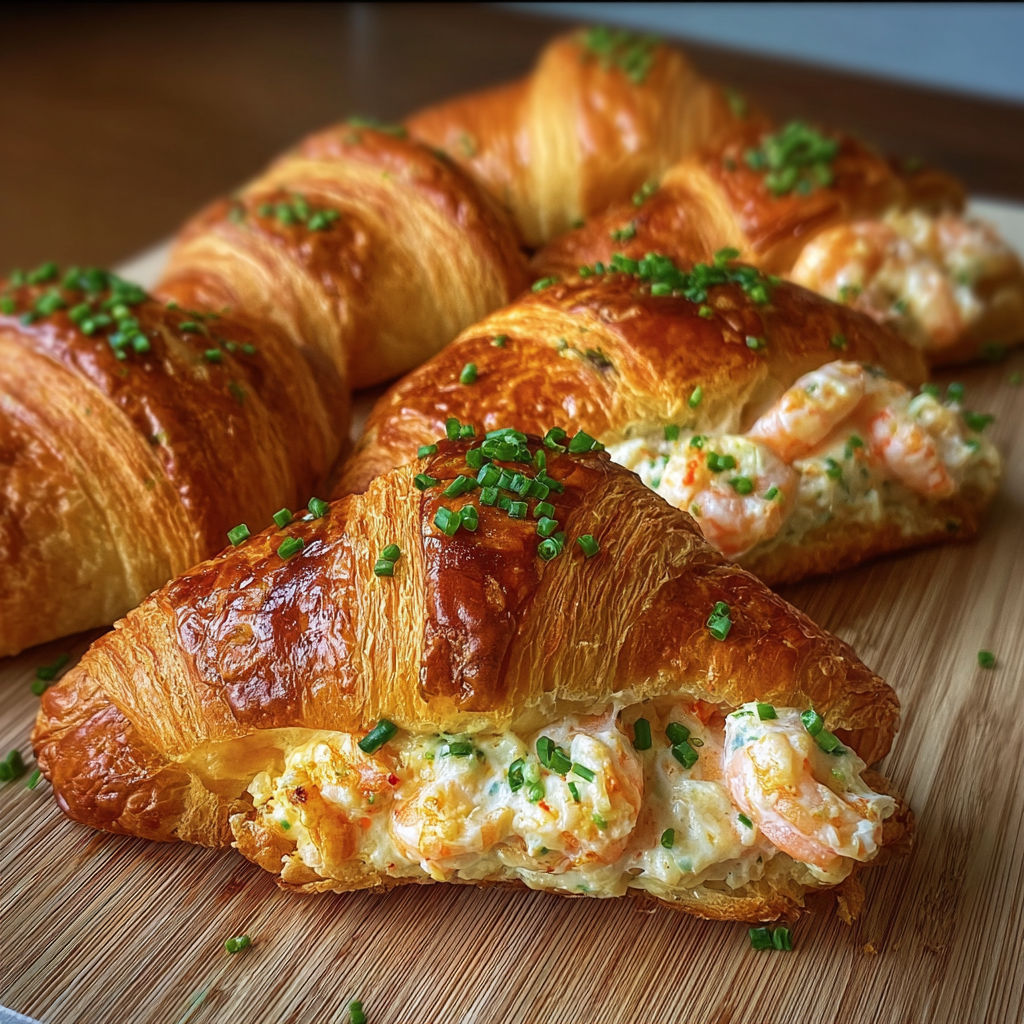 A plate of croissants with shrimp and cilantro on top.