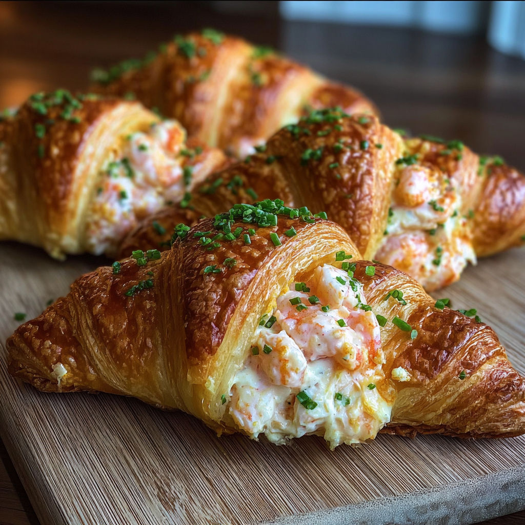 A close-up of a delicious pastry filled with shrimp and cheese, sitting on a wooden table.