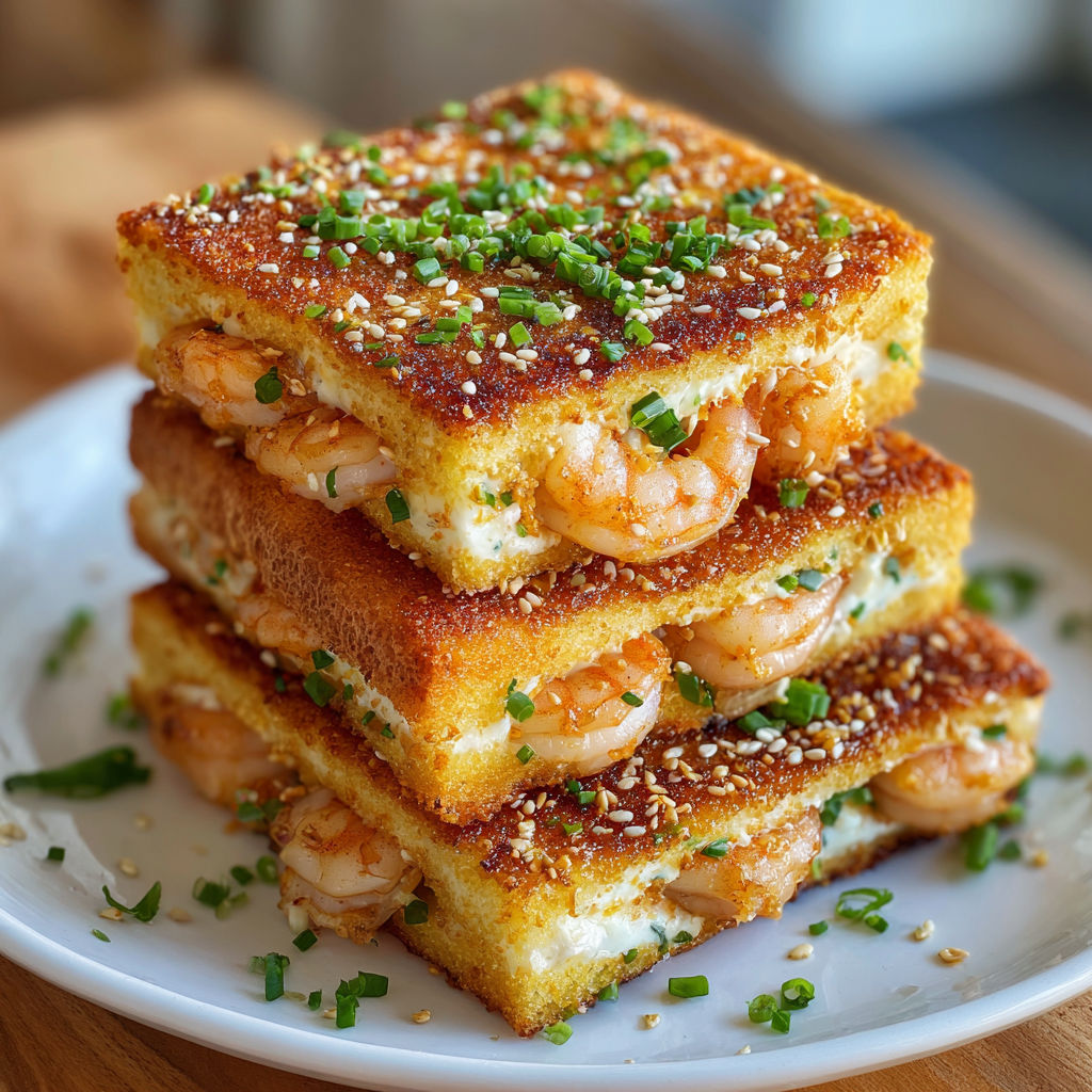 A stack of Sesame Shrimp Toast Squares on a plate.