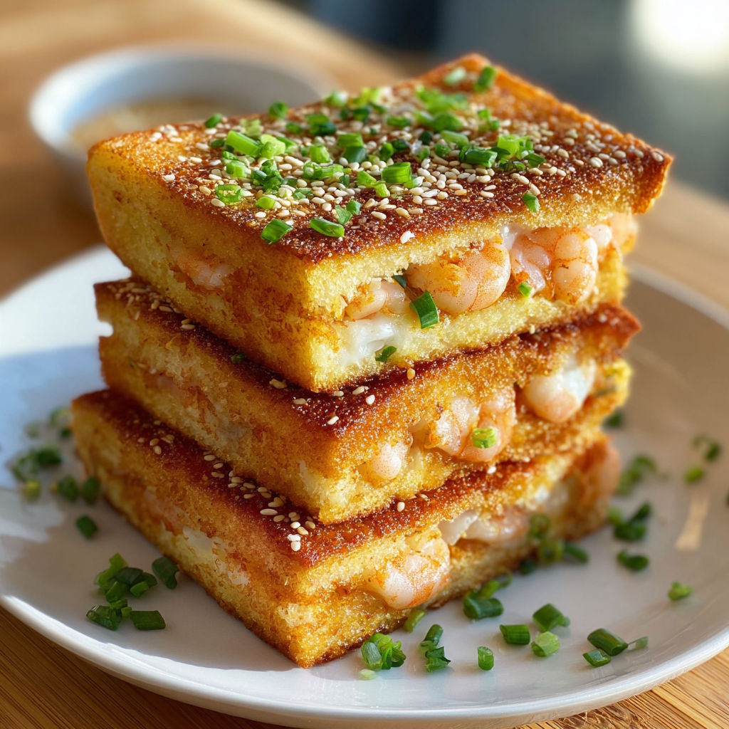 A stack of Sesame Shrimp Toast Squares on a plate.
