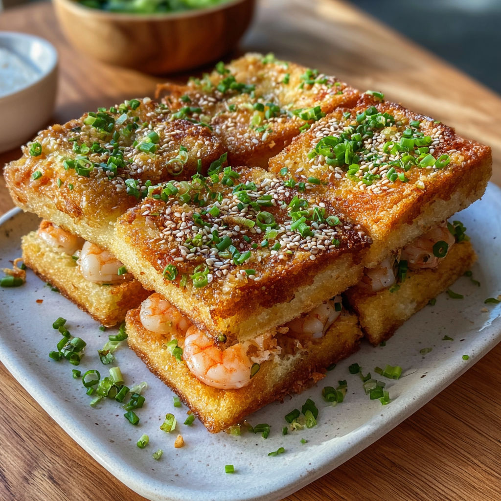 A plate of Sesame Shrimp Toast Squares is displayed on a wooden table.