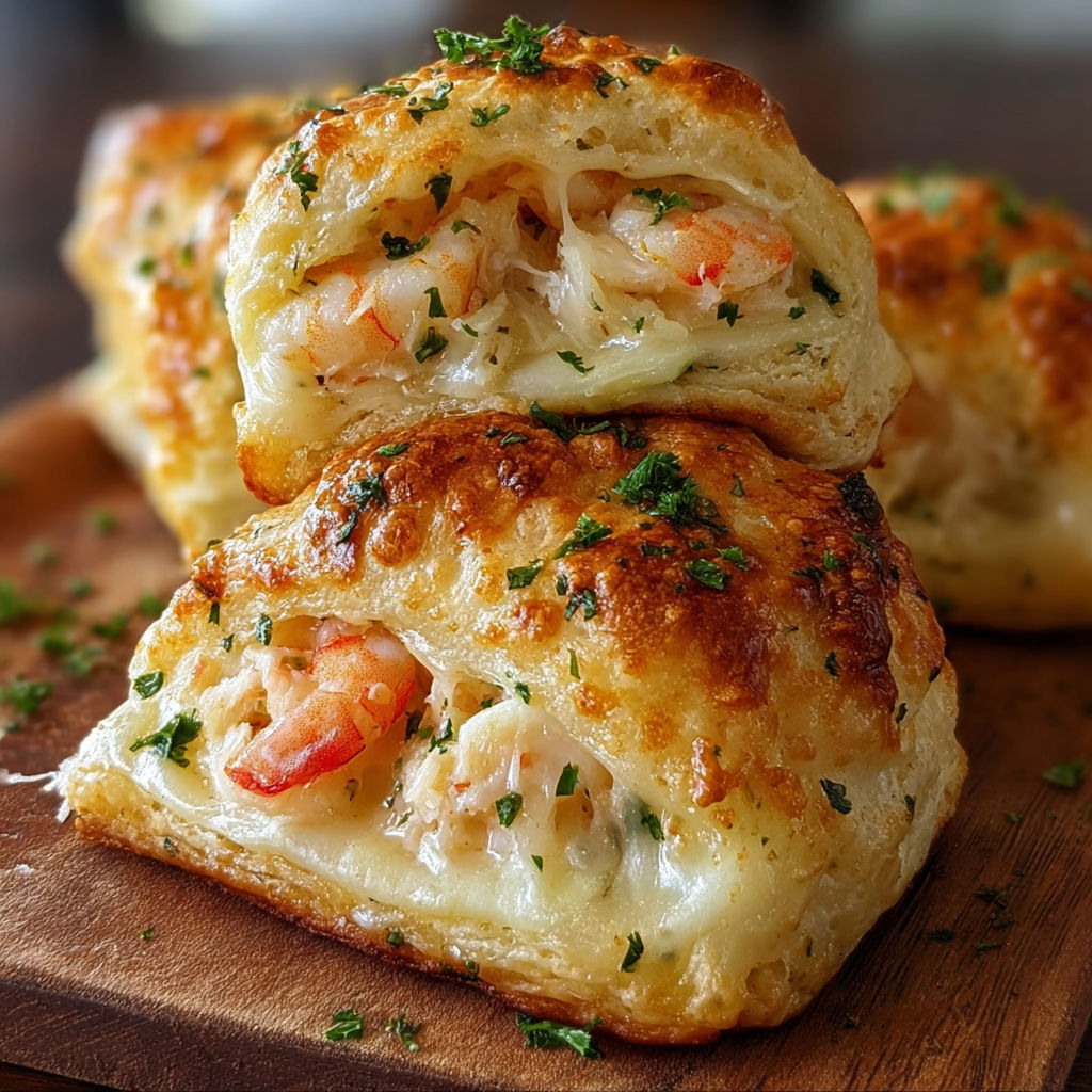A delicious seafood pastry with a flaky crust and a generous amount of shrimp and cheese.