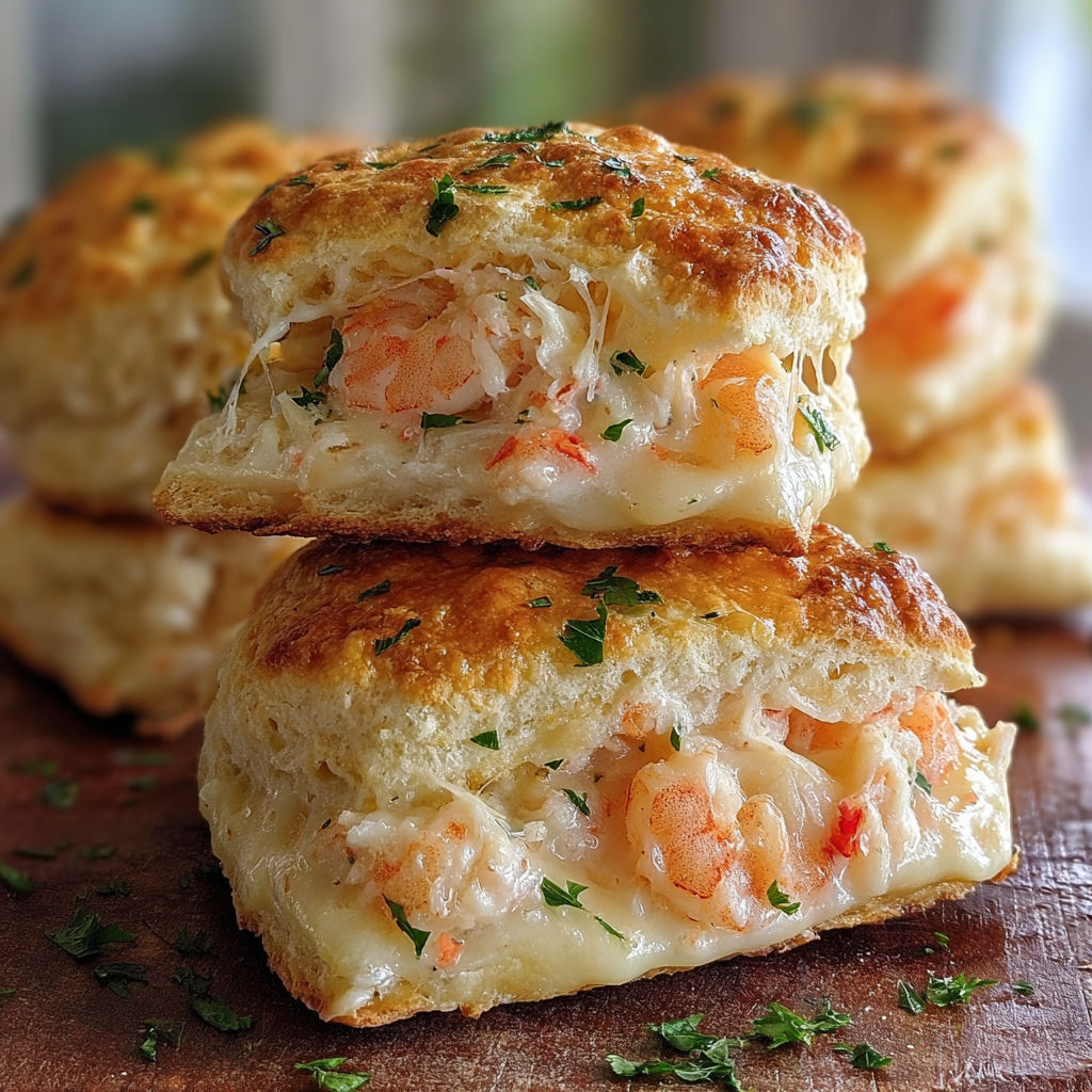 A close up of a delicious shrimp and cheese biscuit.