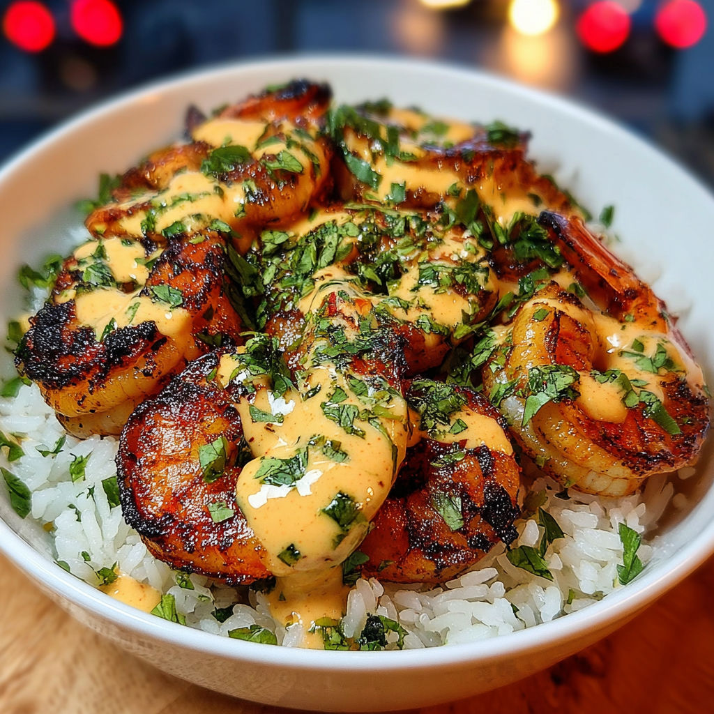 A bowl of rice with shrimp and a creamy chipotle sauce, making a delicious and flavorful dish.