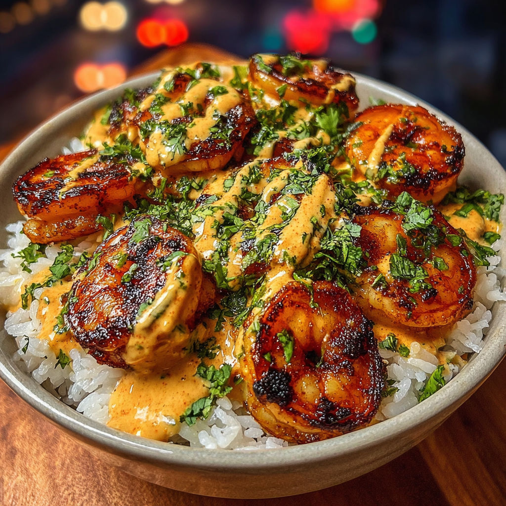 A dish of shrimp and rice with a creamy sauce, possibly a garlic shrimp and rice dish.
