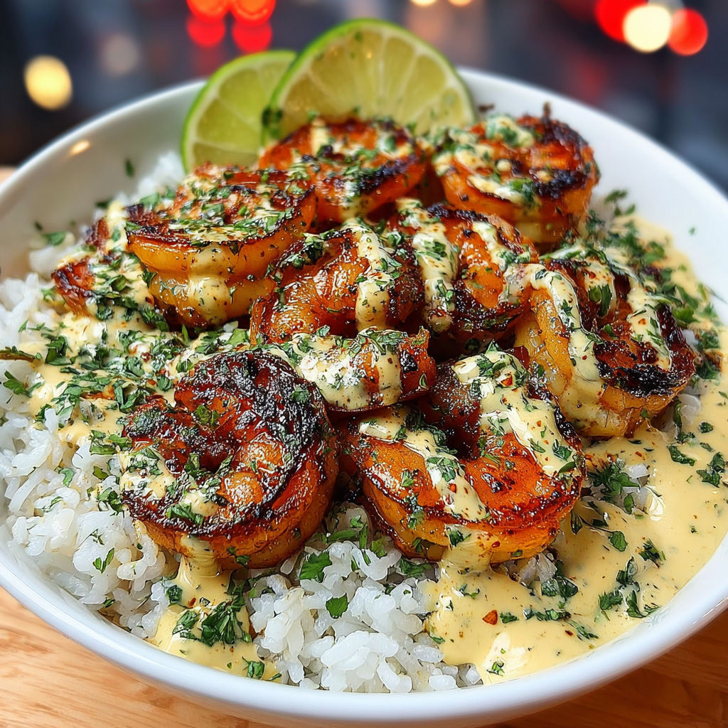 A bowl of shrimp and rice with a creamy sauce, possibly a garlic sauce, and garnished with lime wedges.