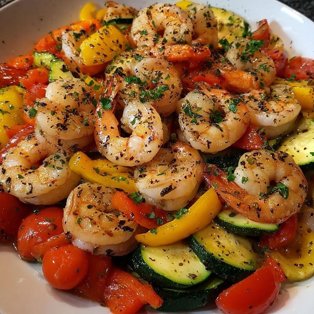 A delicious Lemon Herb Shrimp and Veggie Skillet, featuring a variety of vegetables and shrimp, is presented on a white plate.