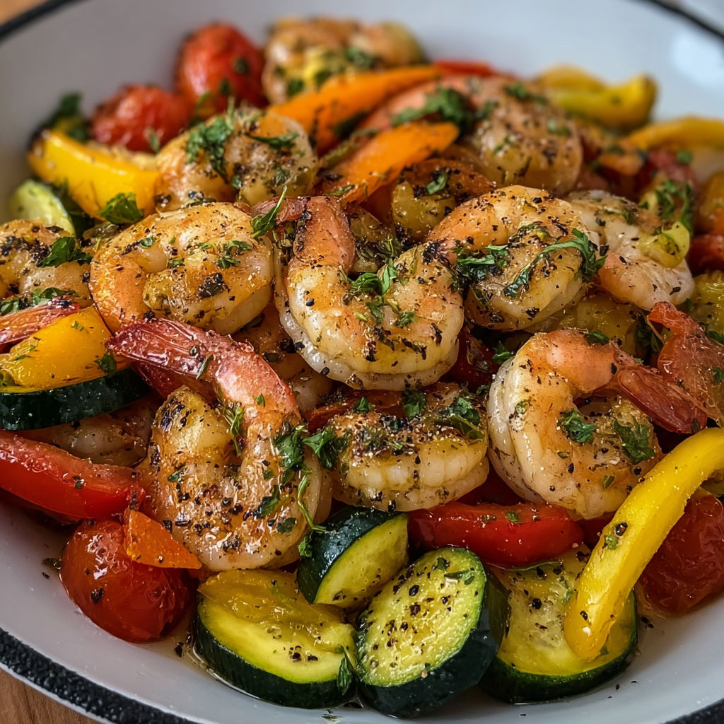 A bowl of shrimp and vegetables, including tomatoes, zucchini, and peppers, is served on a wooden table.