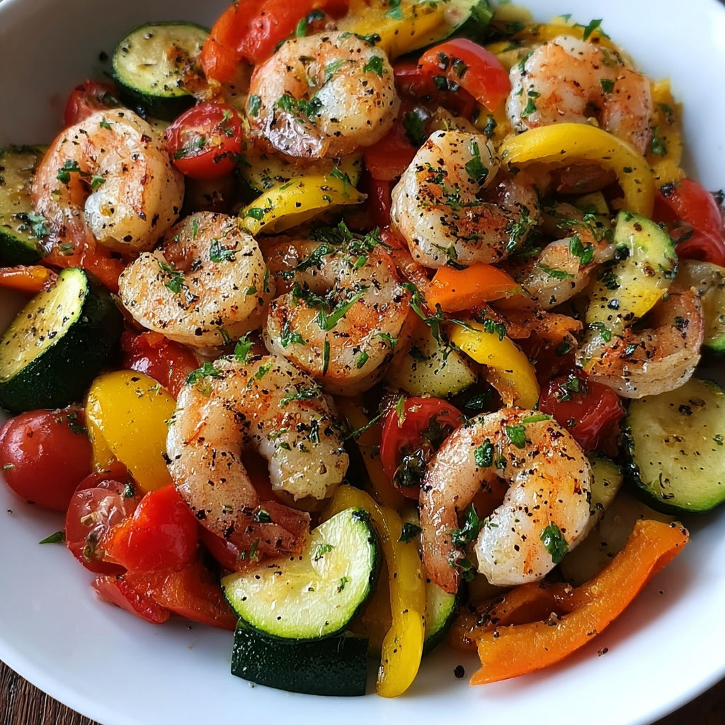 A bowl of shrimp and vegetables, including zucchini, tomatoes, and peppers, with a sprinkle of herbs on top.