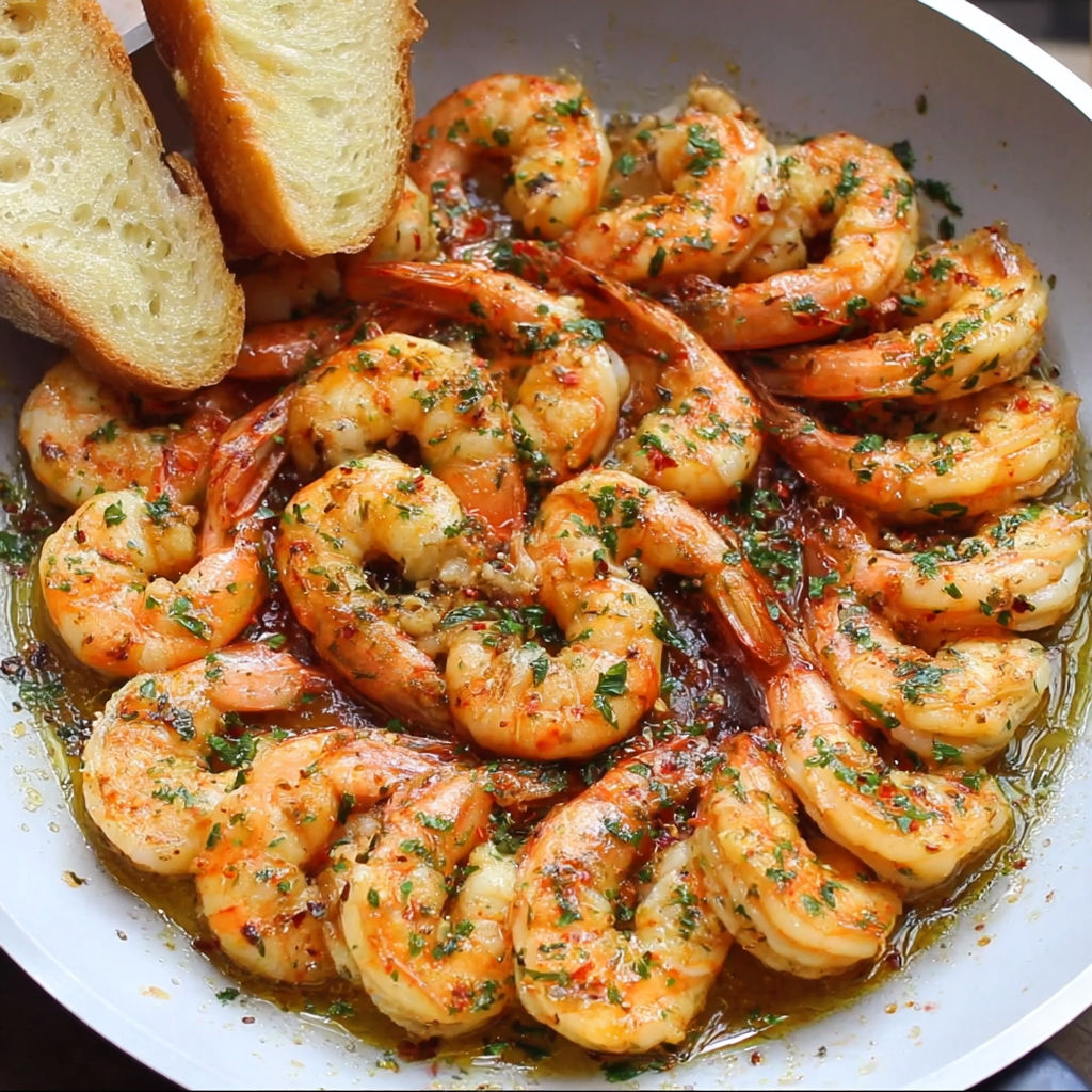 A plate of Garlic Pan Shrimp with a side of bread.