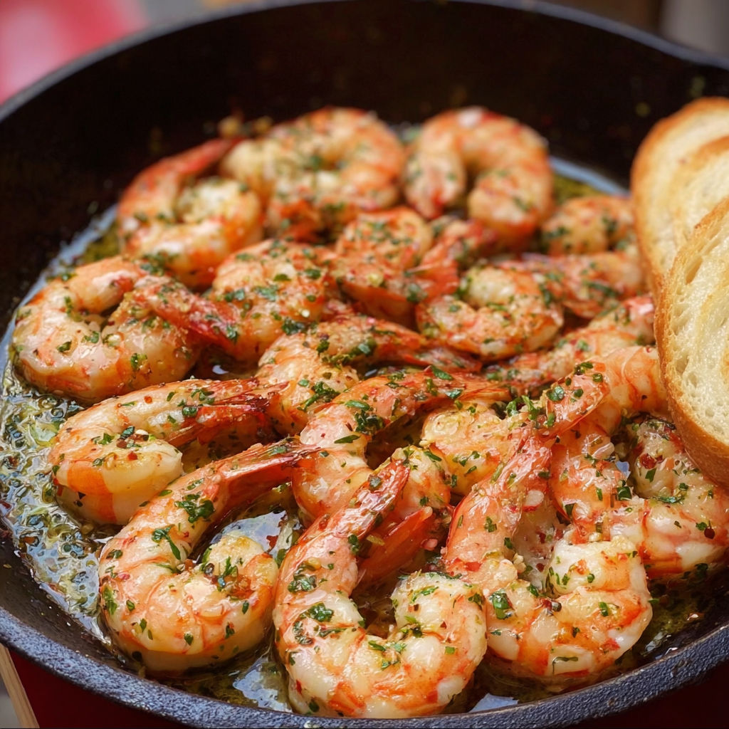 A pan of shrimp with garlic and herbs, served with a slice of bread.