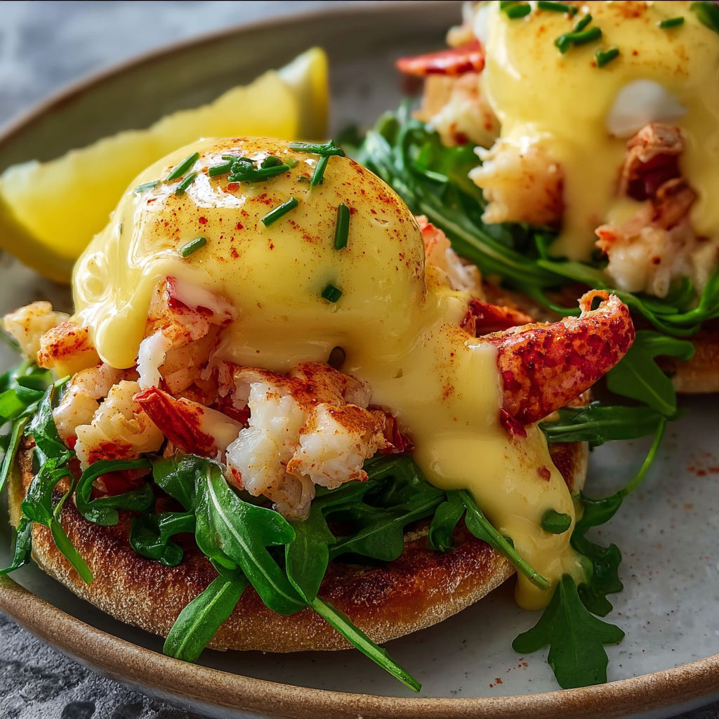 A delicious lobster eggs benedict with cajun hollandaise sauce.