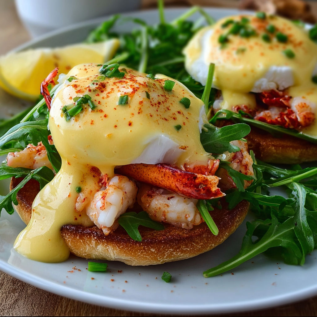 A plate of food with two poached eggs, lobster, and greens.
