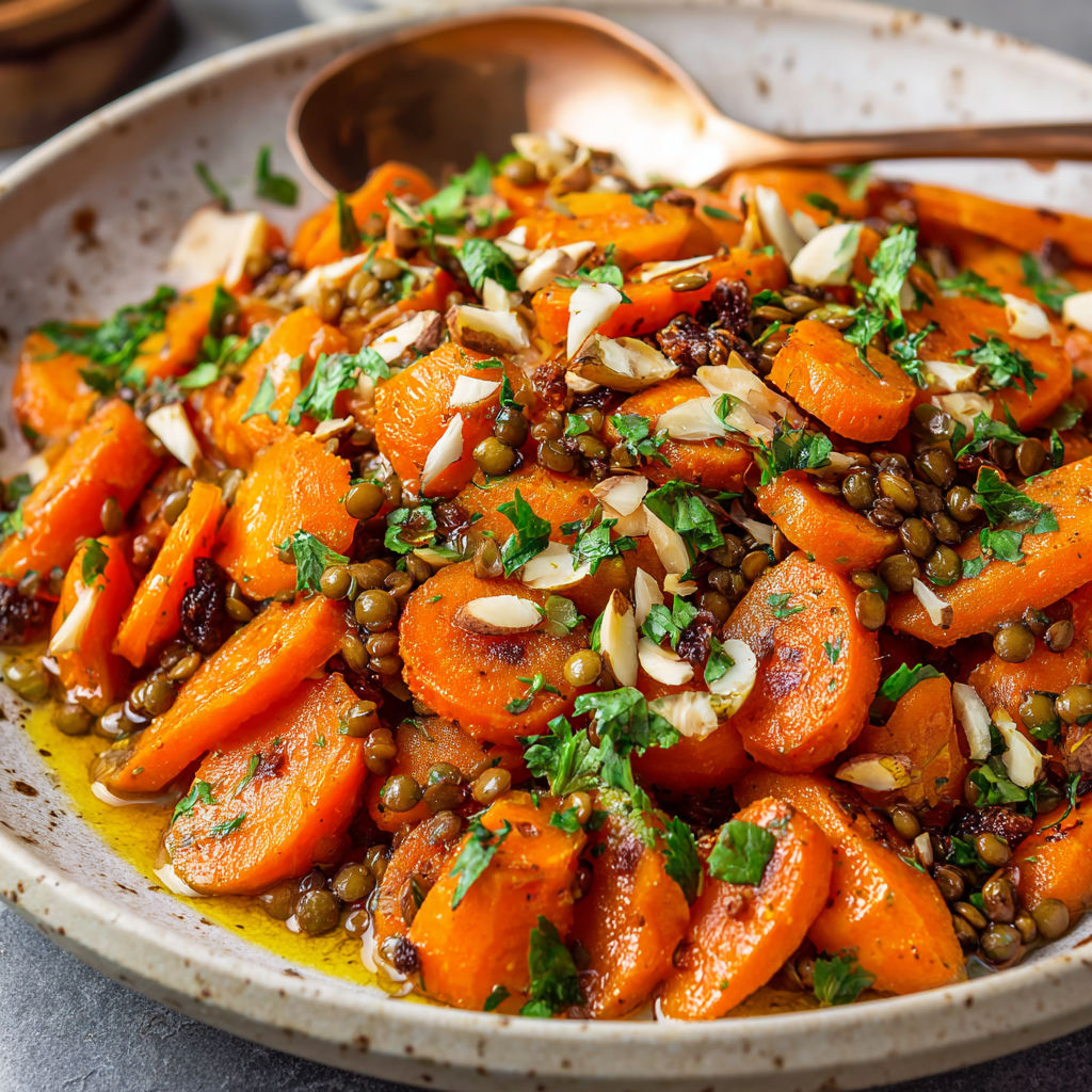A delicious Mediterranean Carrot Salad is served in a bowl, featuring a variety of carrots, nuts, and herbs.