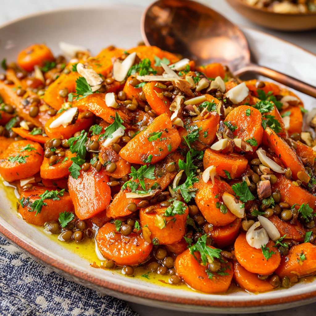 A dish of carrots and peas with a spoon on top.