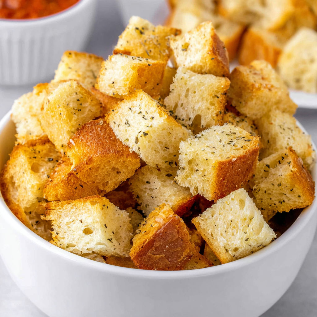 A bowl filled with croutons, a popular snack made from bread, is displayed on a table.