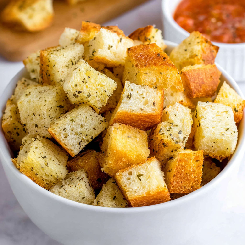A bowl of garlic bread cubes with a side of marinara sauce.