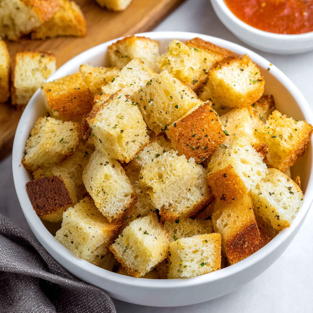 A bowl of garlic bread cubes with a side of marinara sauce.