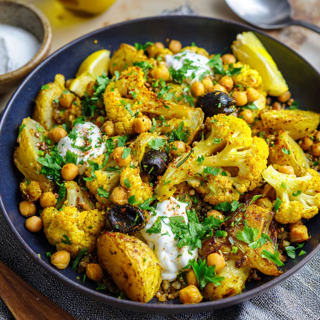 A bowl of vegetables, including cauliflower, chickpeas, and broccoli, is served with a side of hummus.