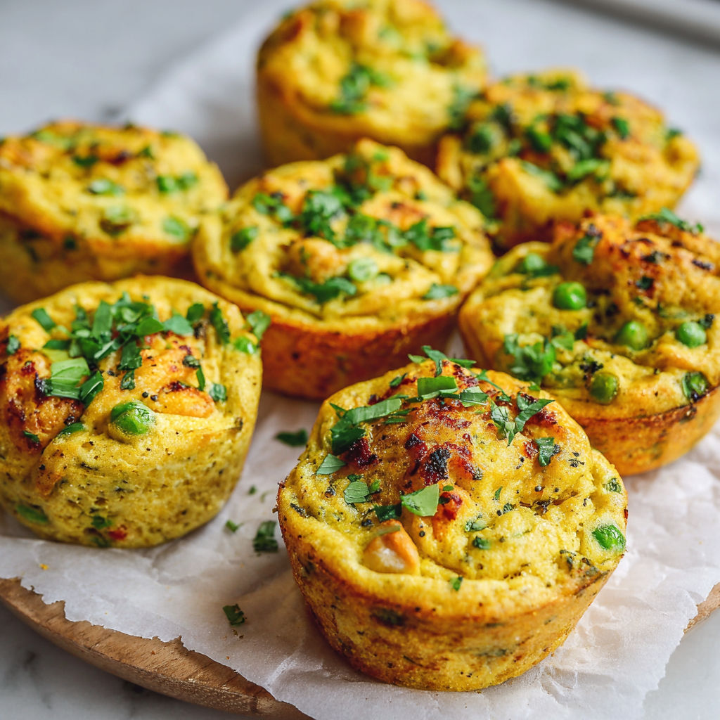 A plate of muffins with green toppings, possibly peppers, on a wooden tray.