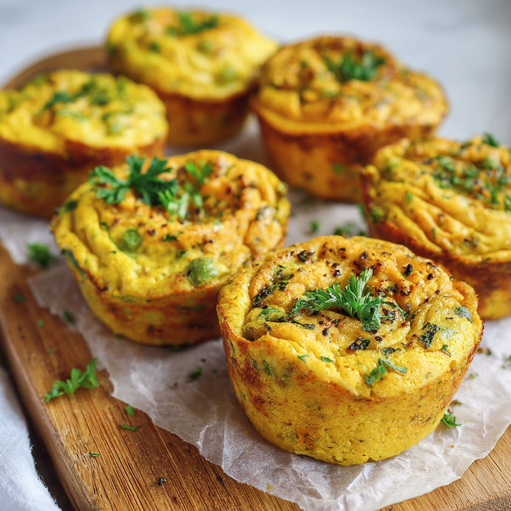 A wooden cutting board holds four small, golden-brown, cheesy, and herb-filled quiches.