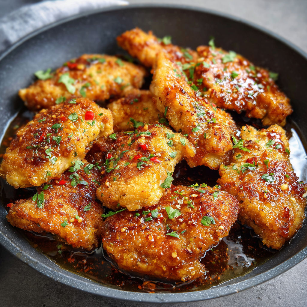 A pan of fried chicken with a spicy sauce, possibly a sweet and sour sauce, is served in a bowl.