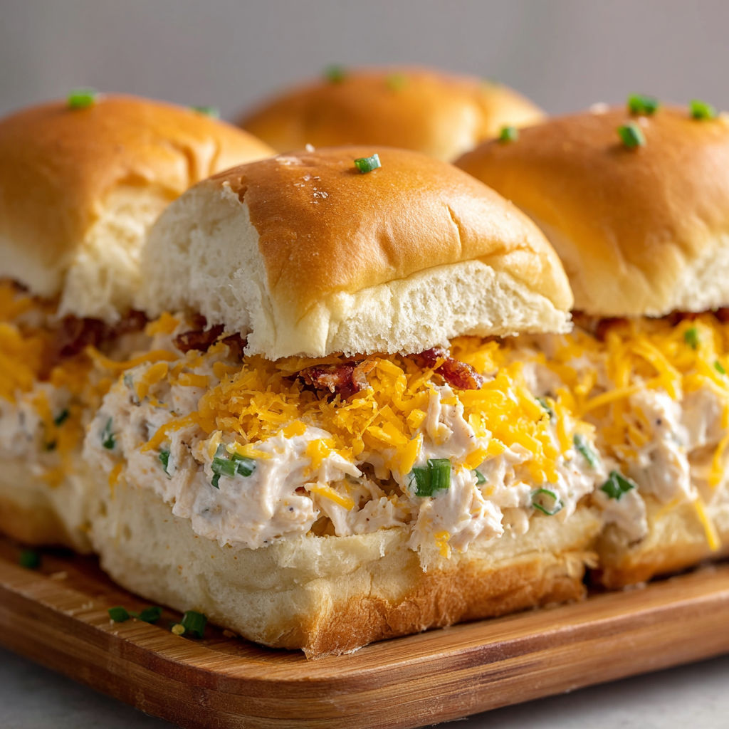 A plate of Crack Chicken Sandwiches, each with a slice of cheese and bacon, is displayed on a wooden cutting board.