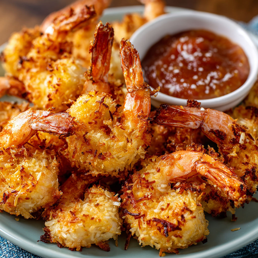 A plate of shrimp with a dipping sauce on the side.