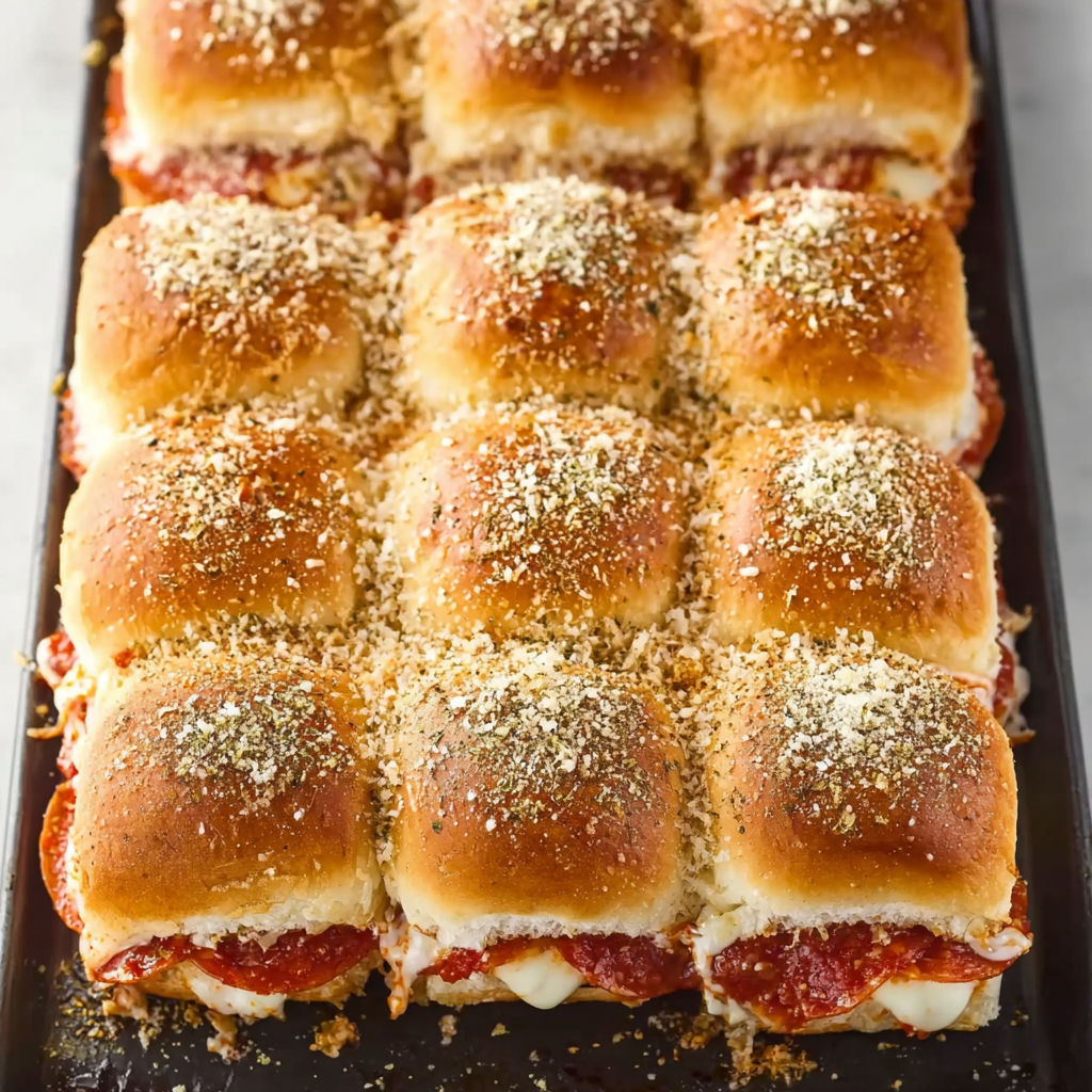 A tray of pizza sliders with cheese and tomato sauce.