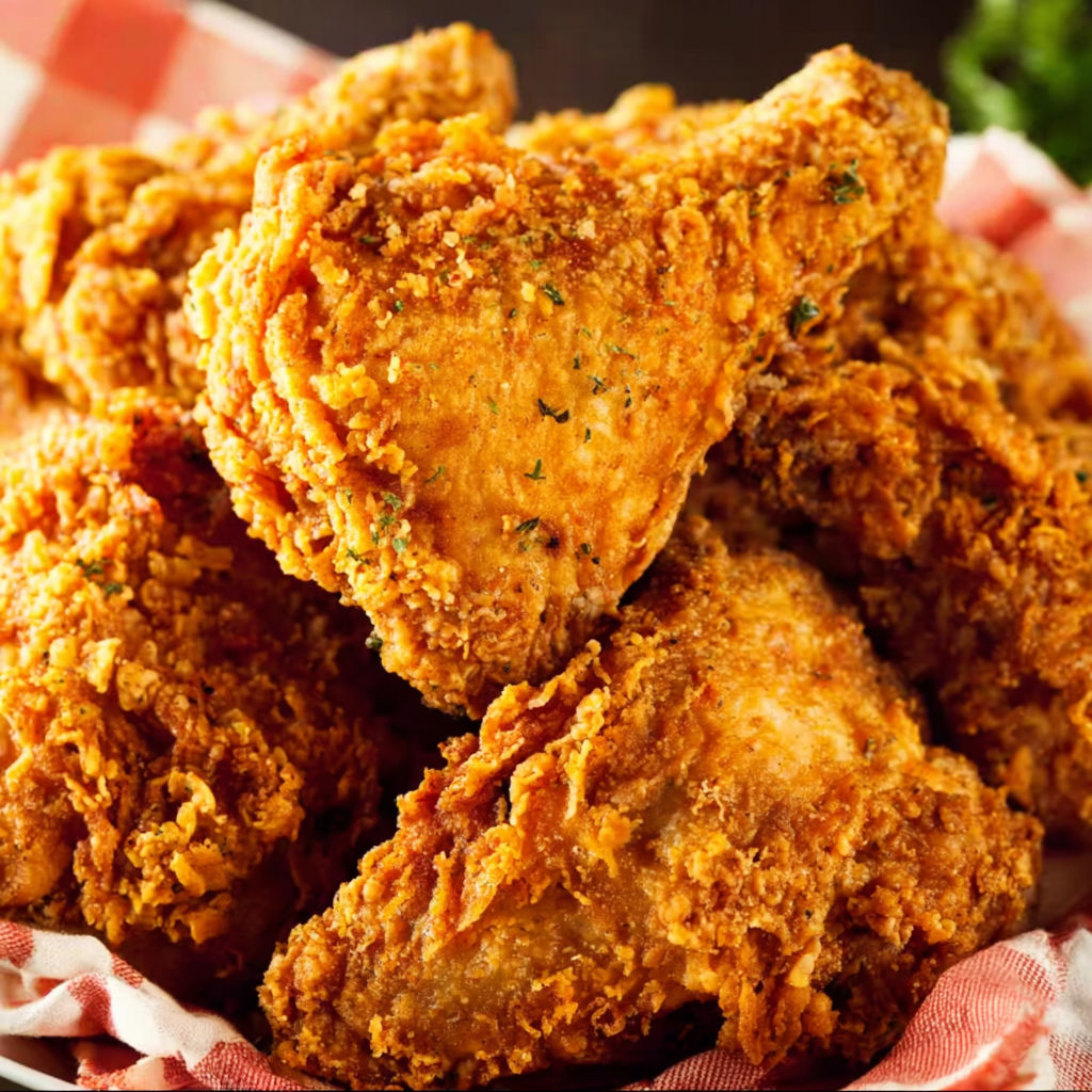 A basket of fried chicken with a spice mix on top, reminiscent of the original KFC recipe.
