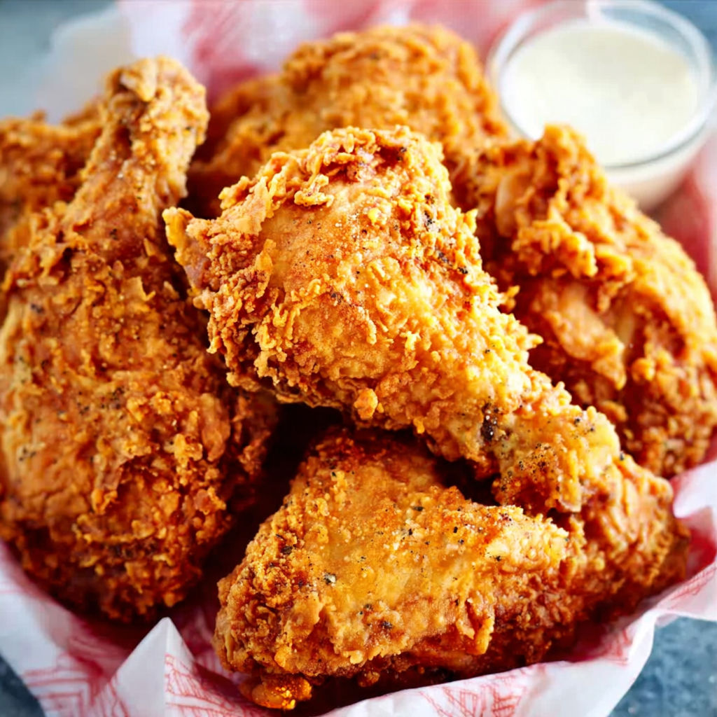 A plate of fried chicken with a side of dipping sauce.