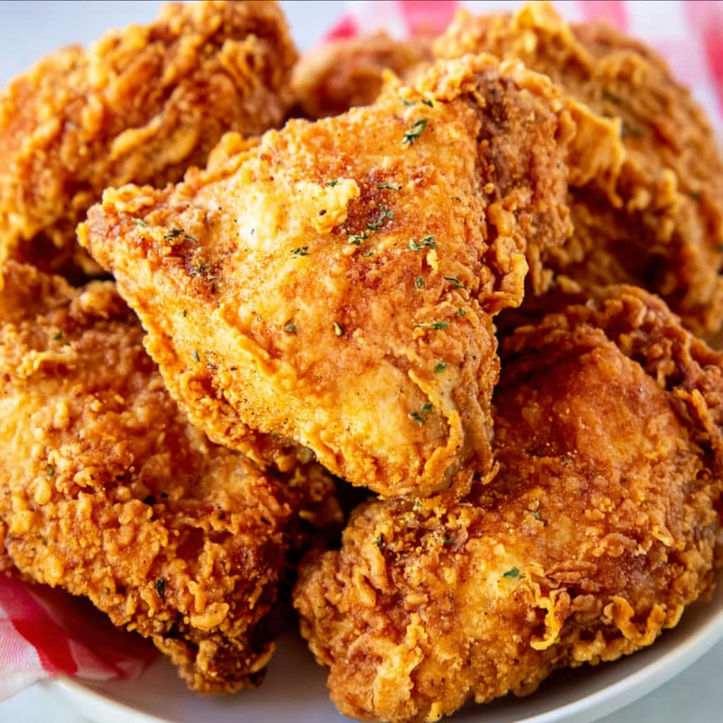 A plate of fried chicken with a red and white checkered tablecloth.