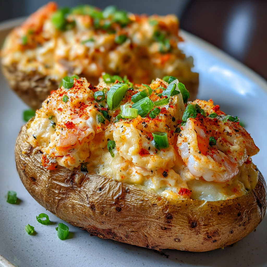 Two stuffed potatoes filled with shrimp and cheese, garnished with green onions.