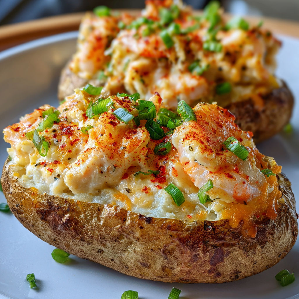 A plate of loaded Cajun seafood stuffed potatoes with a generous amount of cheese and spices.