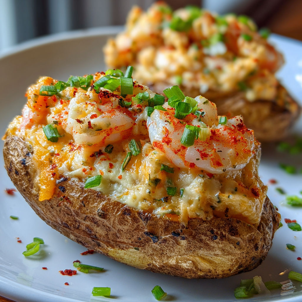 A plate of loaded Cajun seafood stuffed potatoes with a generous amount of shrimp and cheese.