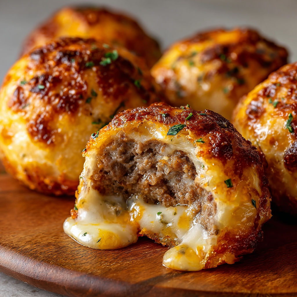 A plate of meatballs covered in cheese, served on a wooden platter.