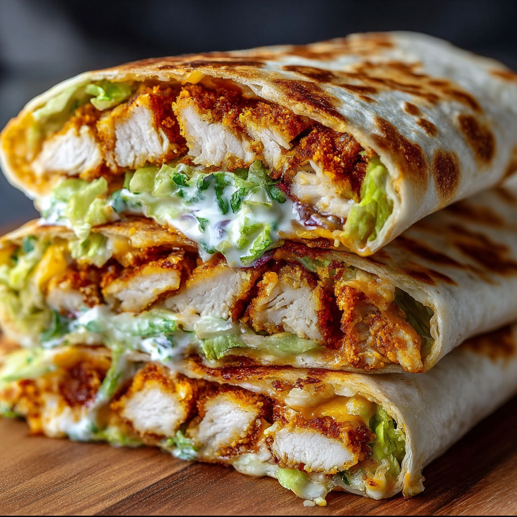 A delicious chicken crunch wrap is shown, with its layers of chicken, cheese, and vegetables, making it a crispy, cheesy, and irresistible meal.