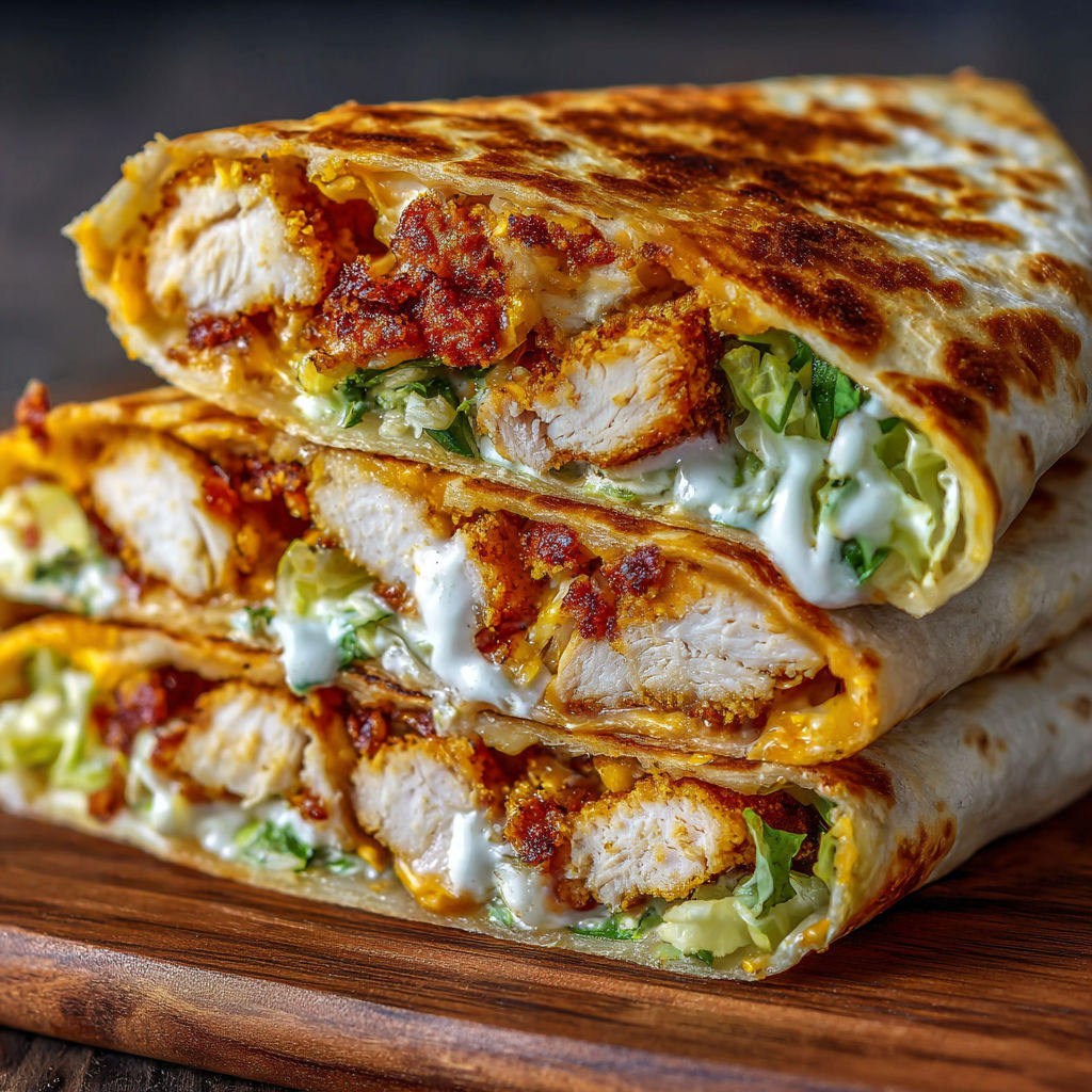 A delicious chicken crunch wrap with lettuce and cheese.