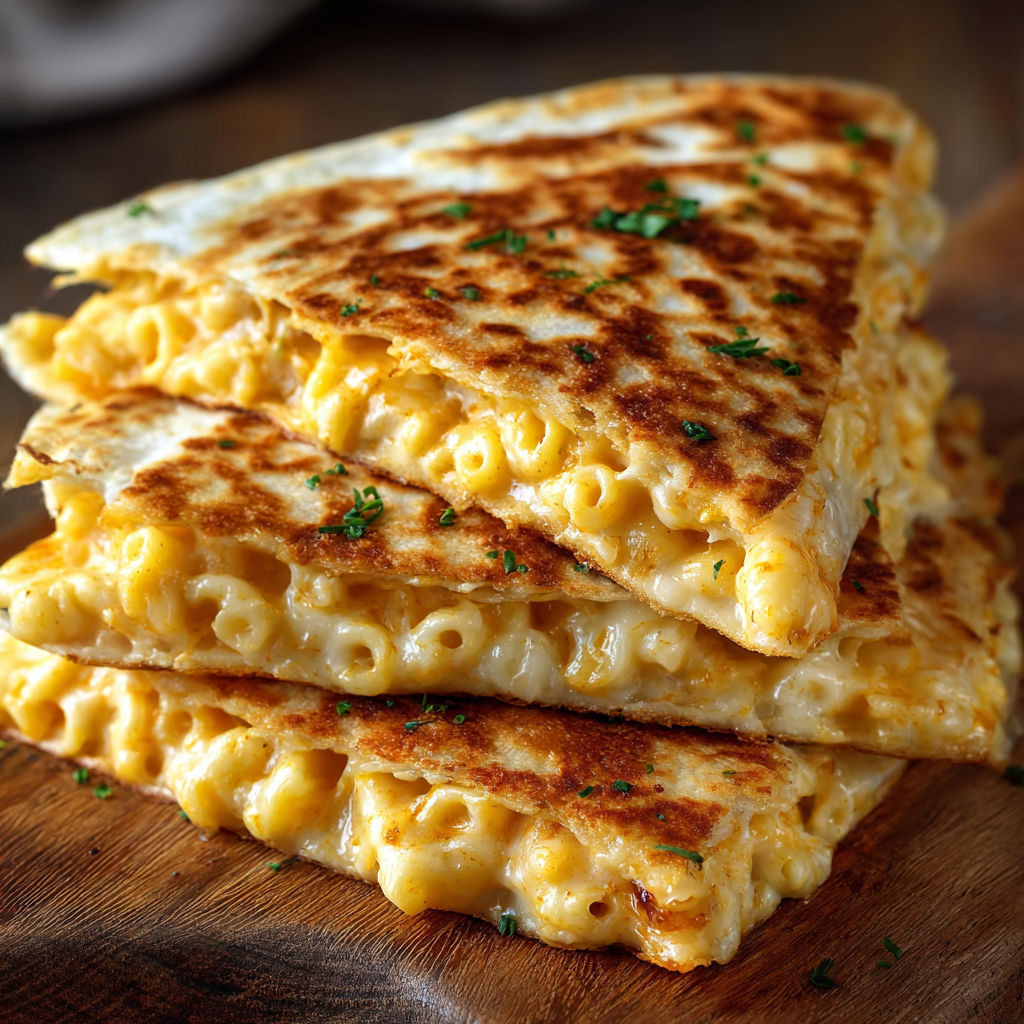 A stack of three grilled cheese sandwiches with macaroni and cheese filling.