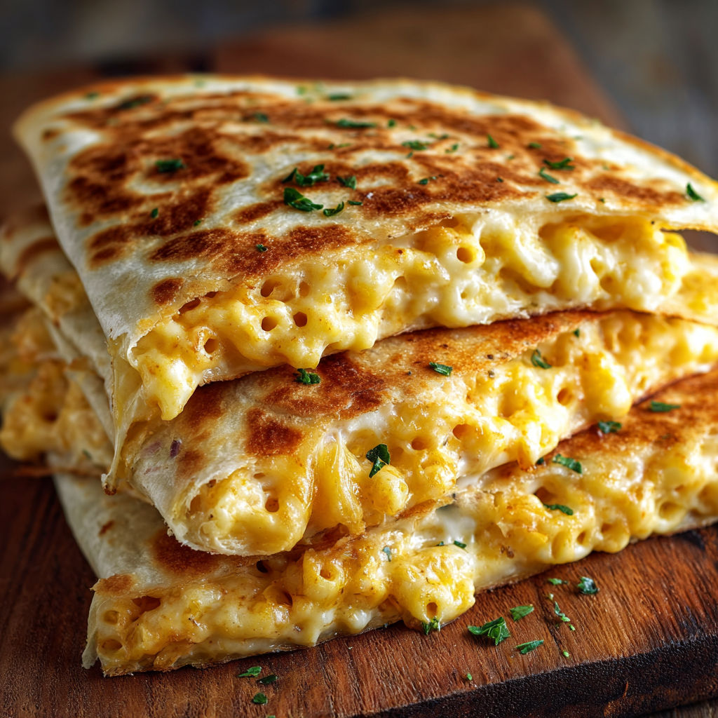 A stack of three quesadillas filled with macaroni and cheese.