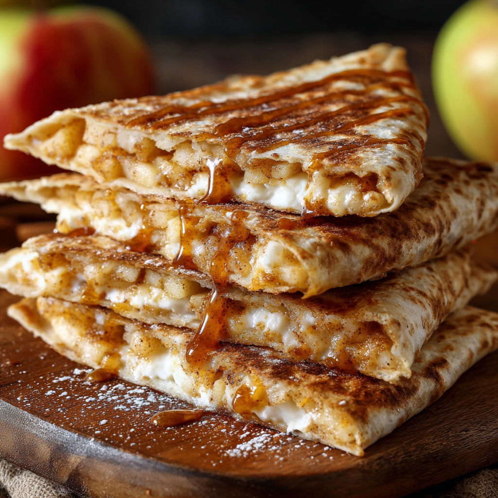 A stack of Apple Cinnamon Breakfast Quesadillas with a drizzle of caramel sauce on top.