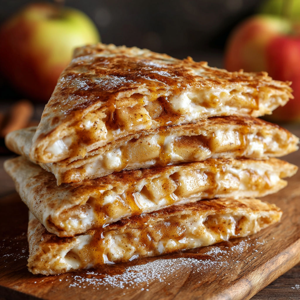 A stack of Apple Cinnamon Breakfast Quesadillas on a wooden cutting board.