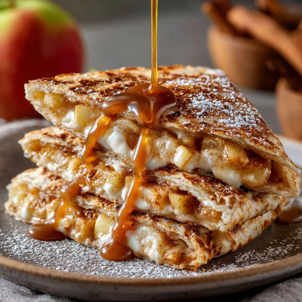 A stack of Apple Cinnamon Breakfast Quesadillas with caramel drizzle on top.