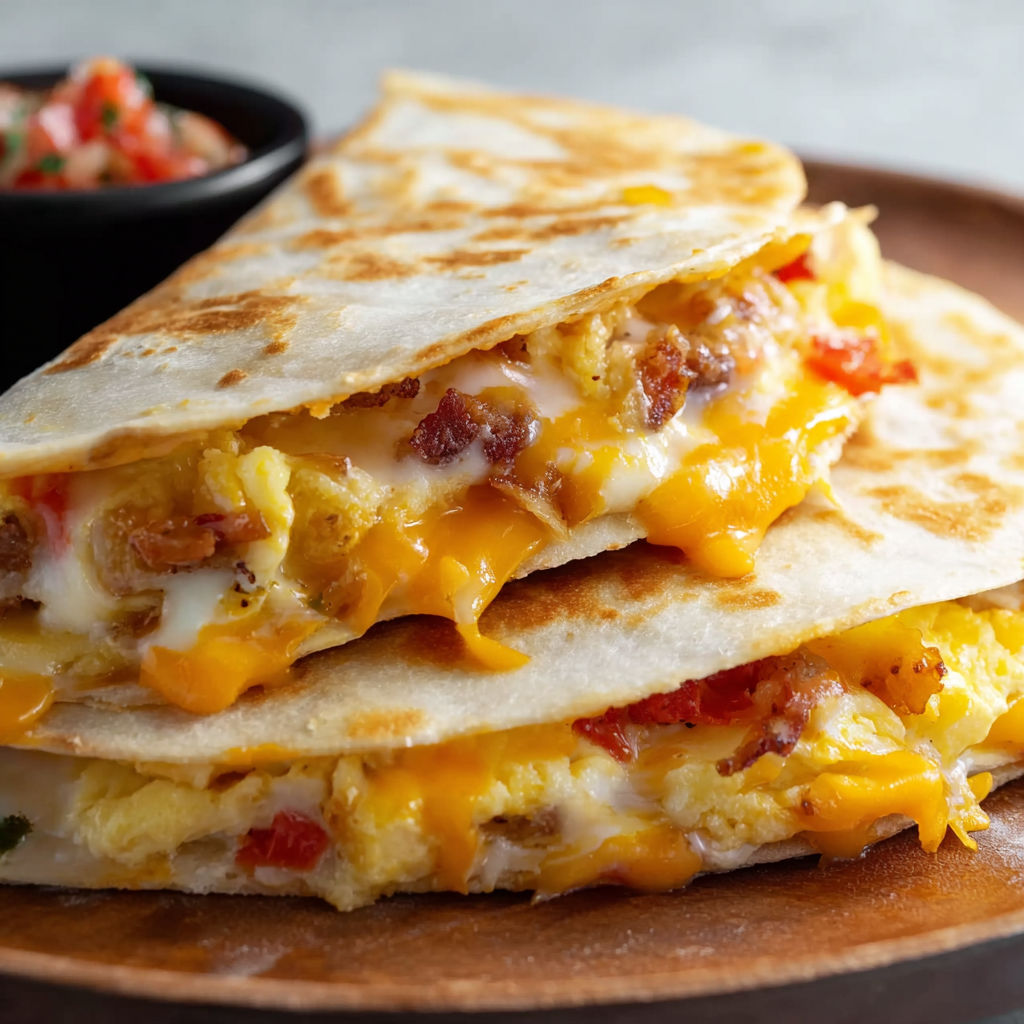 A delicious breakfast quesadilla with cheese and bacon.