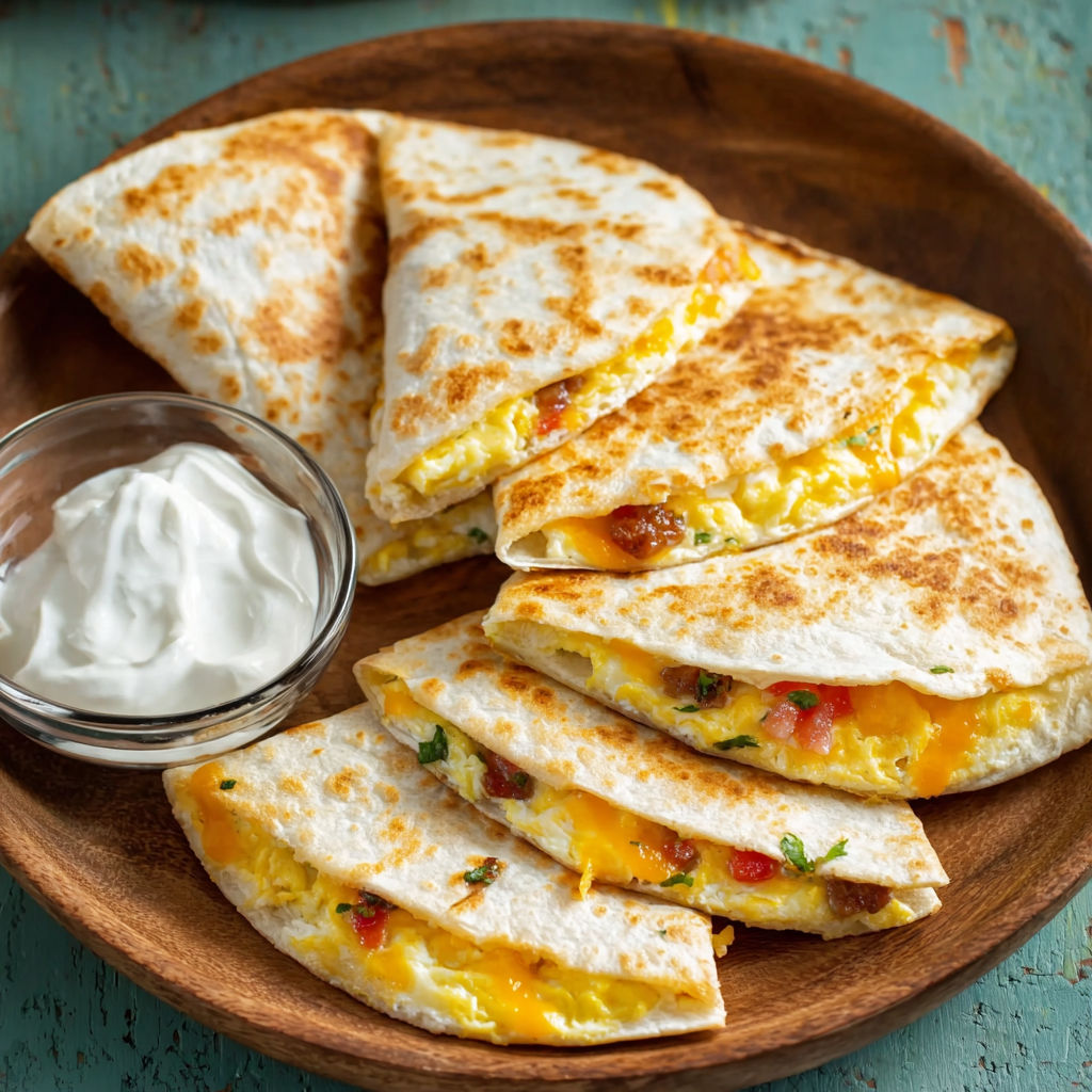 A plate of Mini Breakfast Quesadillas with a side of sour cream.