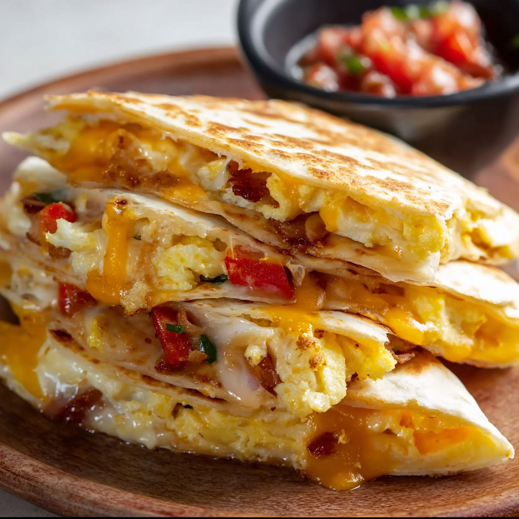 A delicious breakfast quesadilla with cheese and tomatoes.